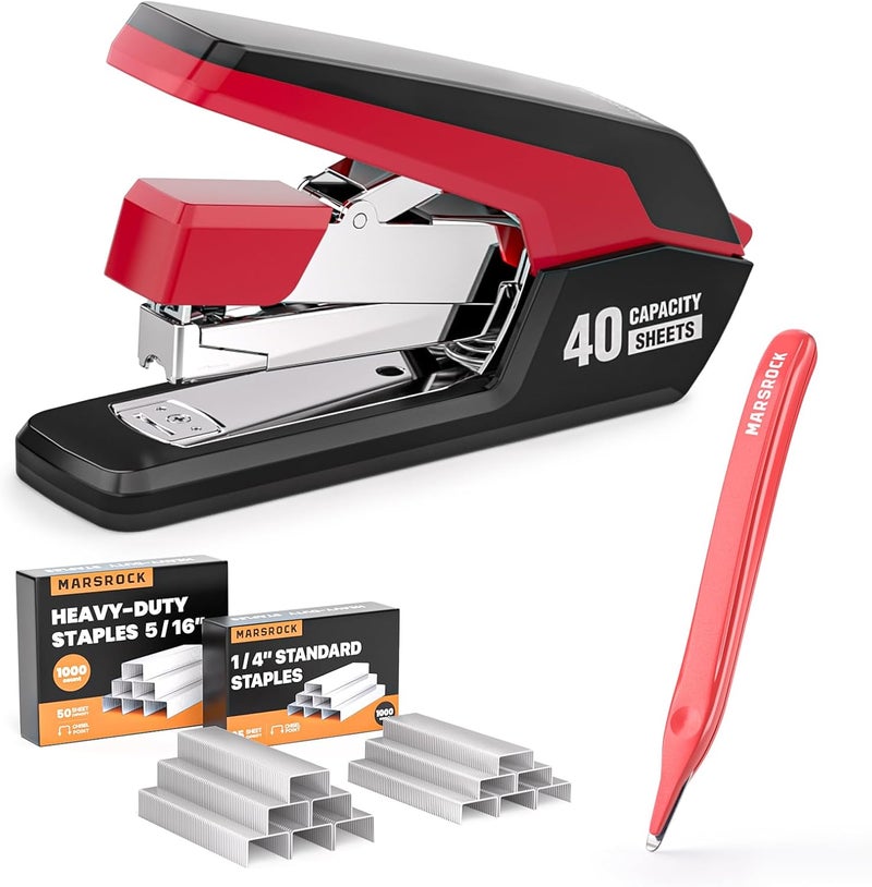 Mars-Rock Effortless Stapler for Desk with 40-50 Sheet Capacity, 2000 Staples, 1-Touch Stapling, Ergonomic & Easy to Load Desktop Staplers, Heavy Duty Stapler, and Magnetic Staple Remover, Red - Image 1